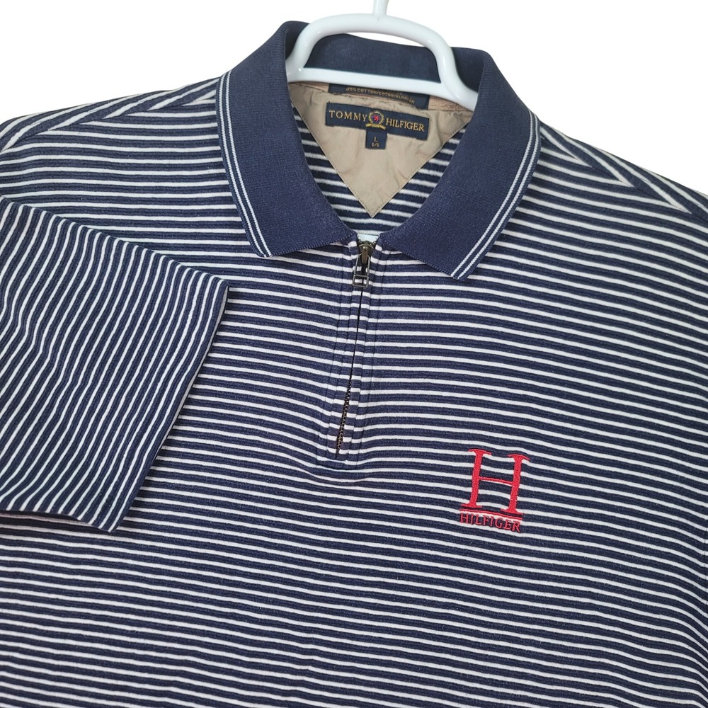 Tommy Hilfiger Polo Shirt Mens L Blue Striped Zip Vintage 90s Made in Saipan USA